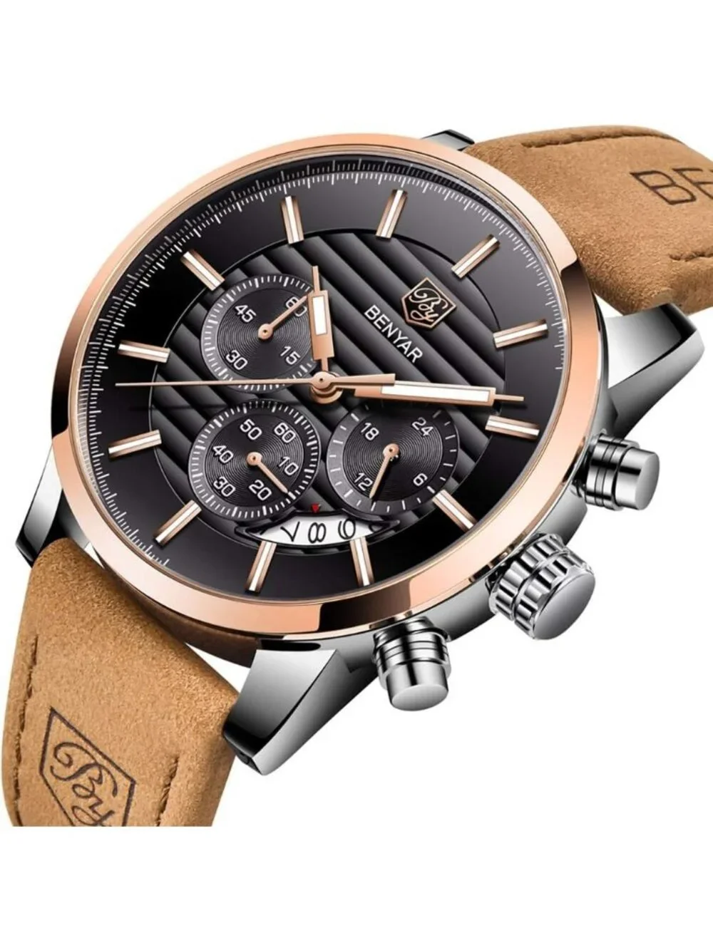 Men's Brown Gold Black Analog Quartz Chronograph Waterproof Fashion Wrist Watch